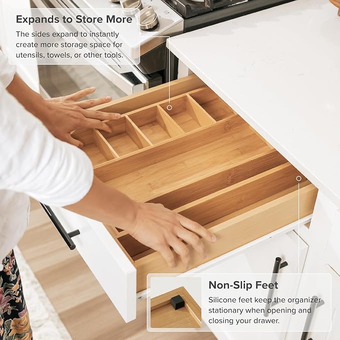 Utensil & Junk Drawer Organizer, 10.5-19 in, Bamboo | Food-safe contract grade, 100% sustainable wood, non-slip, adjustable - Image 6