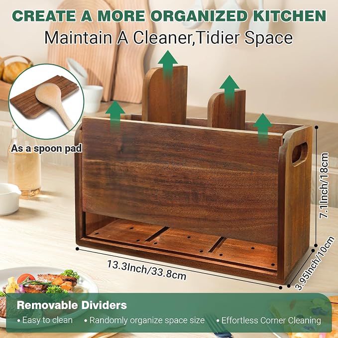 Kitchen Utensil Holder for Countertop with 3 Compartments，Acacia Wood Utensil Holder Cooking Spatula Organizer Large Cutlery Organizer for Kitchen Countertop Farmhouse Kitchen Decor - Image 2