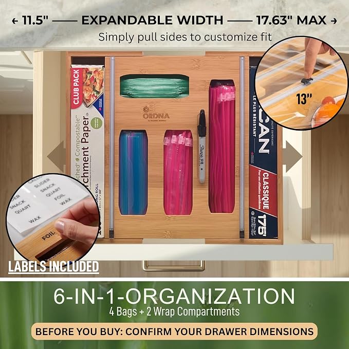 3" Slim 6-in-1 Expandable Storage Bag Organizer Kitchen Drawer - Bamboo Baggie Organizer for Drawer, Aluminum Foil & Saran Wrap Cutter, Plastic, Gallon, Quart & Sandwich Bags (11.5"-17.63" Wide) - Image 6