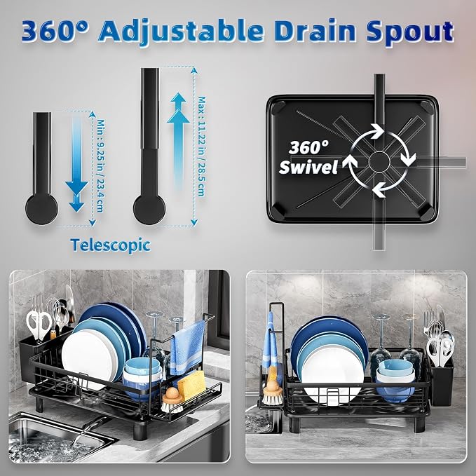 Dish Drying Rack, Stainless Steel-Dish Rack, (Black2 with Sponge Rack ) | Dish Racks for Kitchen Counter, Kitchen Dish Drainers with Removable Utensil Holder,New drain outlet, - Image 3