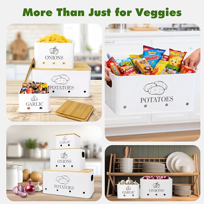 Kitchen Metal Vegetable Storage Bins,Metal Potato Onion Garlic Storage Set of 3 with Aerating Holes and Bamboo Lids,Farmhouse Canisters Sets for the Kitchen Countertop (1, Rectangular) - Image 7