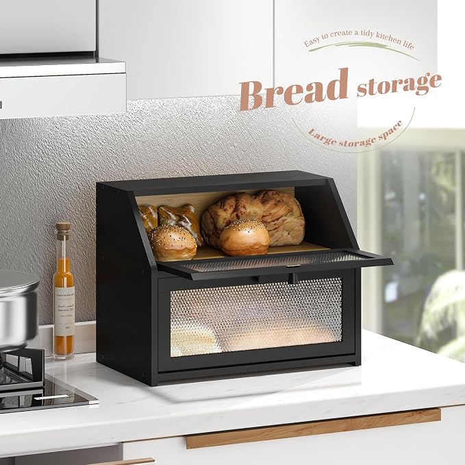 STDDRE Bread Box for Kitchen Countertop Bin Double Layer Bread Box Storage Container Extra Large Capacity Farmhouse with Diamond Pattern Windows (Black, Large) - Image 6