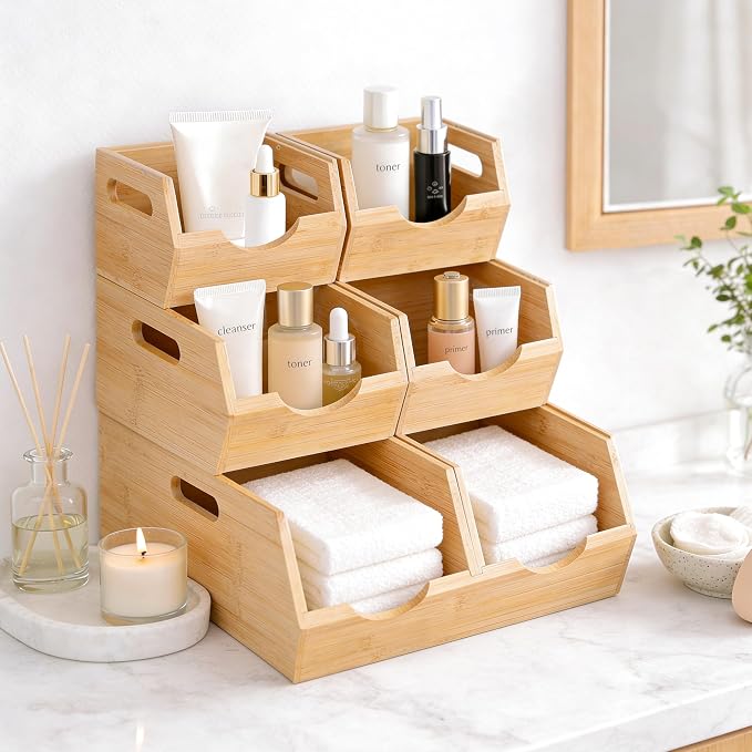 HOMESTEAD 3-Tier Bamboo Pantry Storage Bins – Stackable Potato & Onion Storage Bin with Handles, Fruit Basket & Produce Organizer for Kitchen Countertop, Pantry Organization, Set of 5 - Image 7