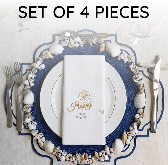 Cloth Napkins Set of 4, 20x20 inch, 100% Egyptian Cotton Hand Embroidered French Knot, Reusable & Machine Washable, Elegant Table Napkins for Dinner, Weddings, Parties (Rose-Happy) - Image 2