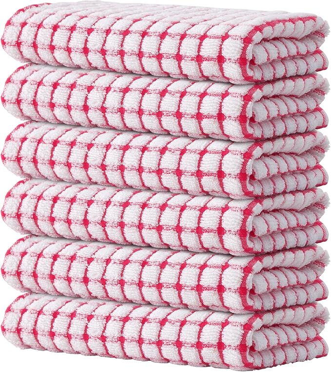 Kitinjoy Cotton 6 Pack Terry Kitchen Towels, Red | 16 x 25 Inches Super Soft and Absorbent Dish Towels, Quick Drying hand towels for kitchen Drying by Kitinjoy
