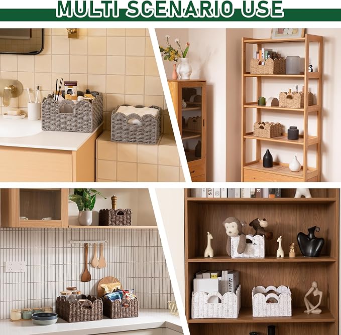 OIAHOMY Scalloped Wicker Baskets, Hand-woven Storage Baskets with Built-in Handles, Paper Rope Shelf Baskets for Organizing and Decoration, Set of 3-Grey - Image 2
