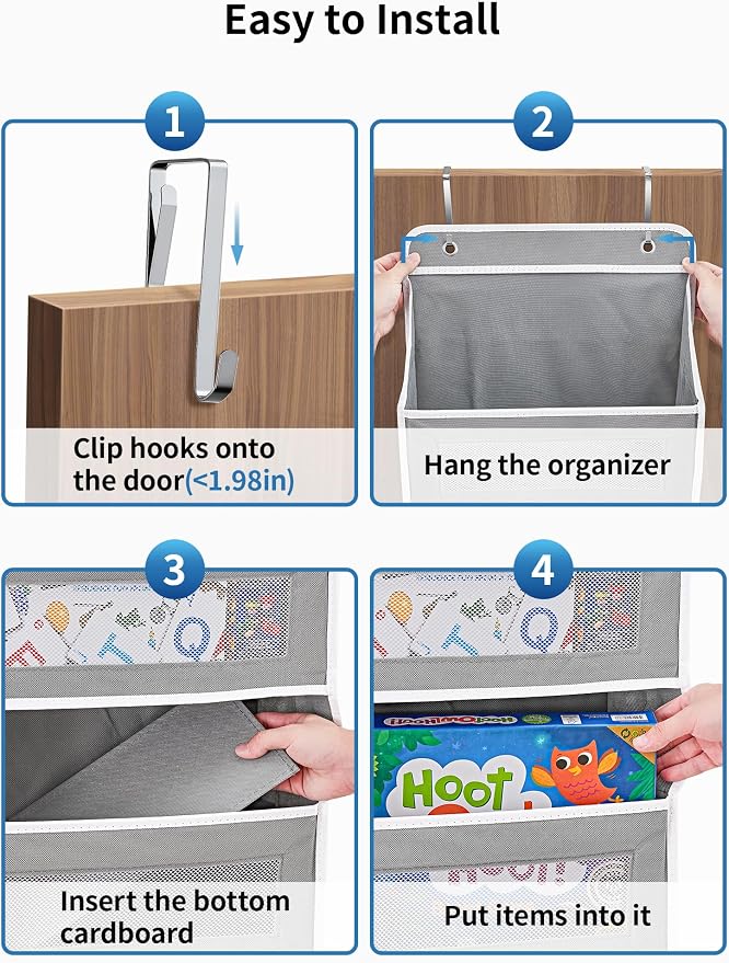 JARLINK Over the Door Organizer for Bedroom, Pantry, Bathroom, 5 Shelf Grey | Anti-Tilt Design, 44 lb Load Capacity, Hanging Door Organizer with 5 Large Capacity Pockets, Behind Door Storage for Nursery - Image 7