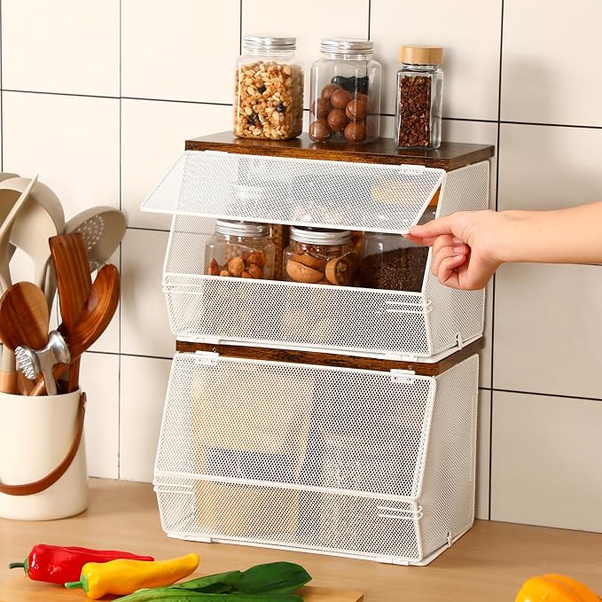 Teenyyou 2 Pcs Stackable Mesh Fruit Basket with Lid Wall Produce Vegetable Storage Basket Onion Potato Hanging Metal Wire Container for Kitchen Counter Pantry(Non-removable,White,7.1" w & 11.8" l) - Image 2