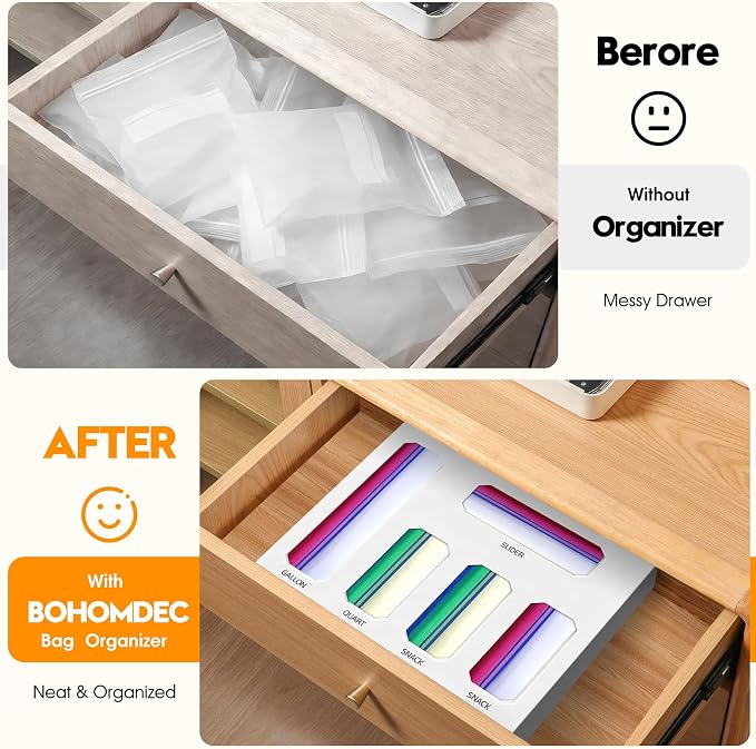 Bamboo Ziplock Bag Storage Organizer for Drawer -White, 5 in 1 Baggie Organizer with 24 Labels - Fits Gallon, Quart, Sandwich & Snack Bags - Wall Mountable Kitchen Drawer Organizer, 3in - Image 2