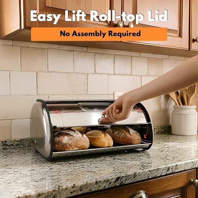 Large Stainless Steel Bread Box for Kitchen Countertop, Roll Top Metal Bread Storage Container with Window & Air Vents, Bread Keeper for Homemade Bread, Pastries (17.1x10.6x7.08 In) - Image 6