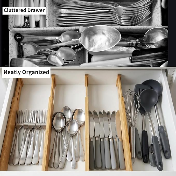 Utoplike 4 Pcs Bamboo Kitchen Drawer Dividers, Large Drawers Organizers | Adjustable Spring Loaded Expandable Organization, Works in Dresser, Bathroom, Bedroom, Office, Fit 17.8"-20.6" Drawer, 2.4"H - Image 4