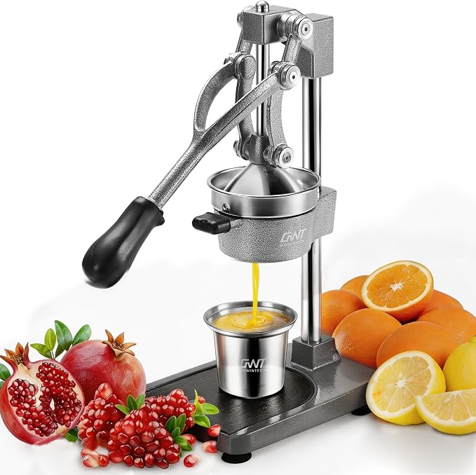 18 Inch Height Commercial Heavy Duty Cast Iron Hand Press Manual Orange Citrus Lemon Lime Grapefruit Pomegranate Fruit Juice Squeezer Machine with Stainless Steel Cup and Durable Base Grey by Gowintech