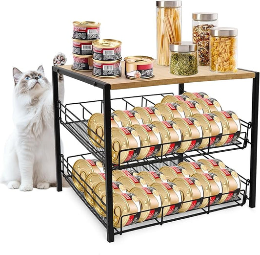 Bamboo & Iron Cat Food Organizer, 2-Tier Stackable Rack Holds 48 Cans 3oz | FIFO auto slide-down,Flat top storage, Organizes pantry & pet food cans by Unknown