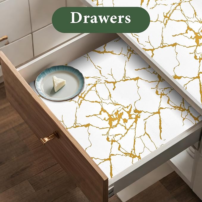 Drawer and Shelf Liner for Kitchen Cabinet Non Slip Waterproof | Shelf Paper 17 in X 30 Ft Non Adhesive Refrigerator Liners Gold White Marble Easy Liners for Bathroom Cupboard - Image 3