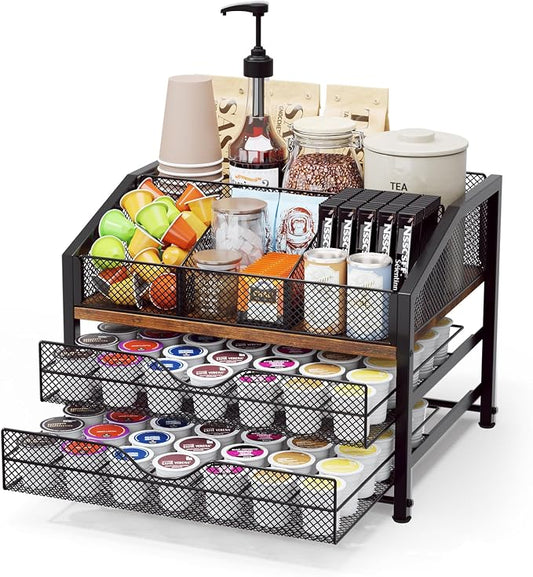 Coffee Bar Organizer - Coffee Station for Countertop, Metal and Wood K Cup holder Storage Basket for Coffee Pods, Syrup, Cups, Stirrer, Coffee Condiment, Tea Organizer, Black and Brown by Homsorout