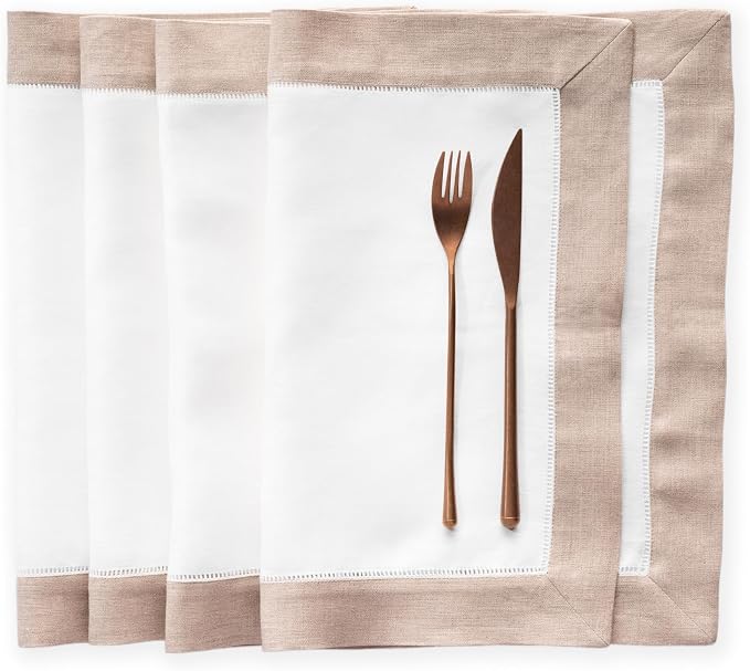Linen Placemats Set of 4-100% Flax Linen White and Natural Placemats 14 x 19 inch - Classic Hemstitch Placemats Washable for Fall, Thanksgiving, Christmas and Winter Decor by OlucioAuthentiqueHome