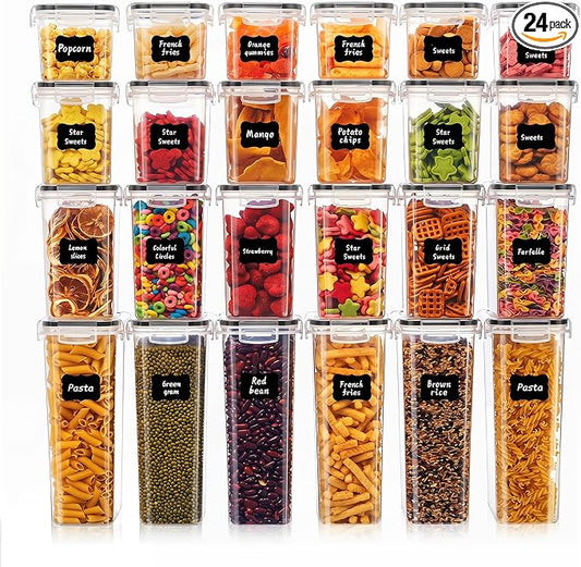 24 PCS Airtight Food Storage Containers with Lids, BPA Free Clear Plastic Kitchen and Pantry Organization and Storage Set for Flour, Sugar, Cereal, Pasta, Includes 24 Labels and Marker by Unknown