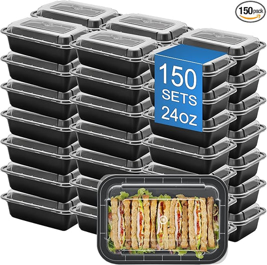 24oz Food Storage Containers with Lids, 150 Sets Disposable Meal Prep Boxes | Single Serving Meal Prep Boxes,Leak-Proof, Microwave Freezer Safe,Black To-Go Containers For Lunch Portion Control & Catering by Apsic