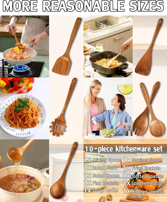 Wooden Spoons for Cooking,Wooden Cooking Utensil Set,10-Piece Wooden Kitchen Utensil Set with Wooden Spoons(A10) - Image 4