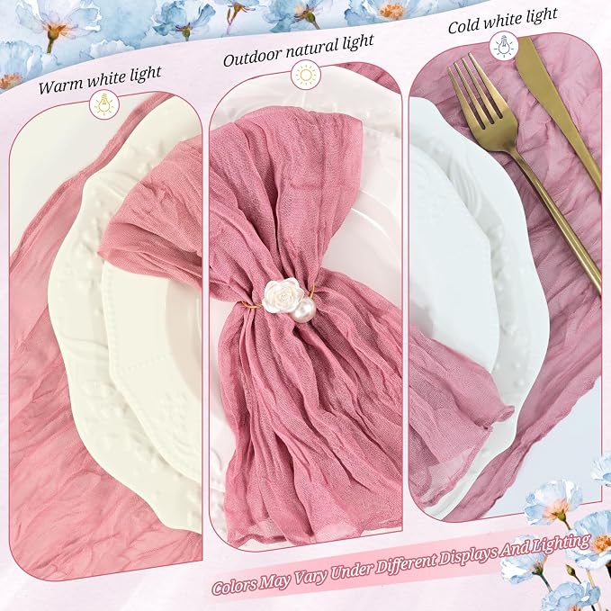 50 Pack Dusty Rose Cheesecloth Napkins 20"x20" Boho Washable Cloth Napkins Set of 50 Wrinkled Cheese Cloth Napkins Gauze Dinner Table Napkin for Wedding Party Baby Shower Birthday Decor - Image 7