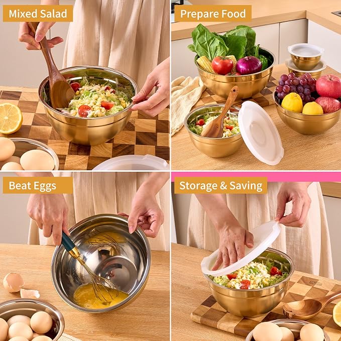 Gold Mixing Bowls With Airtight Lids,Stainless Steel Bowl,Salad Bowls 7 Piece Colorful Nesting Bowl Gold Kitchen Accessories,Size 7,3.6,2.7,2.1,1.5,1.1,0.8QT Stackable Design - Image 5