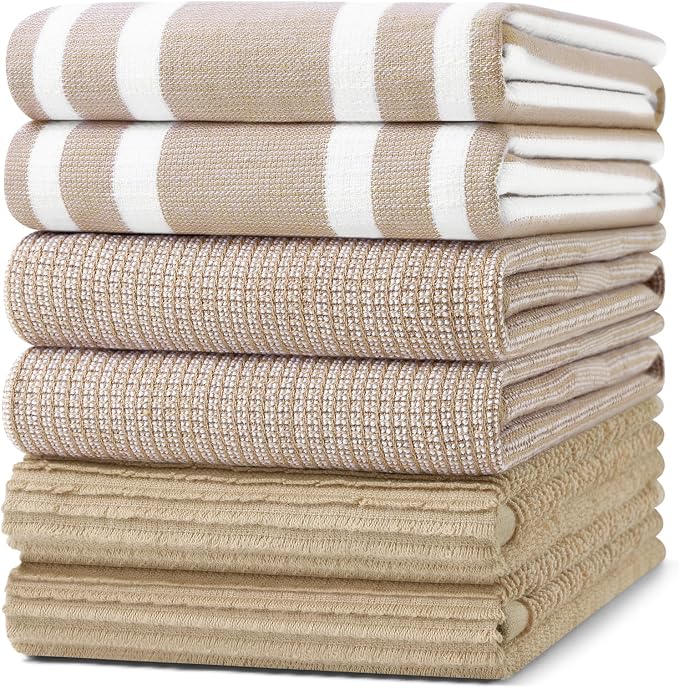 Homaxy Cotton 380 GSM Premium Kitchen Towels, 18"x 28", 6 Pack, Khaki | Soft and Absorbent Terry Dish Towels, Multipurpose Tea Towel Set with Hanging Loop, 3 Styles Kitchen Hand Towels by Homaxy