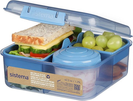 Sistema Ocean-Bound Plastic 1.25L Bento Box, Airtight & Stackable, School Lunch Box with 150mL Snack Pot, Freezer, Microwave, & Dishwasher-Safe, BPA-Free, Made with Recycled Plastic, Assorted Colors by Sistema