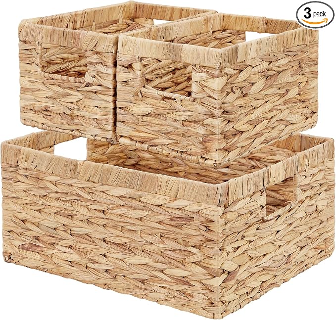 Wicker Basket, Set of 3 Hand-woven Storage Baskets for Organizing, Water Hyacinth Wicker Storage Basket Bins with Handles, Small Toilet Paper Storage Baskets for Shelves Pantry Baskets by Vagusicc