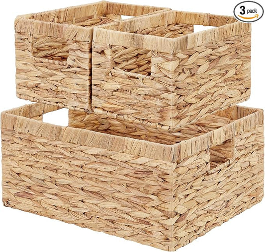 Wicker Basket, Set of 3 Hand-woven Storage Baskets for Organizing, Water Hyacinth Wicker Storage Basket Bins with Handles, Small Toilet Paper Storage Baskets for Shelves Pantry Baskets by Vagusicc