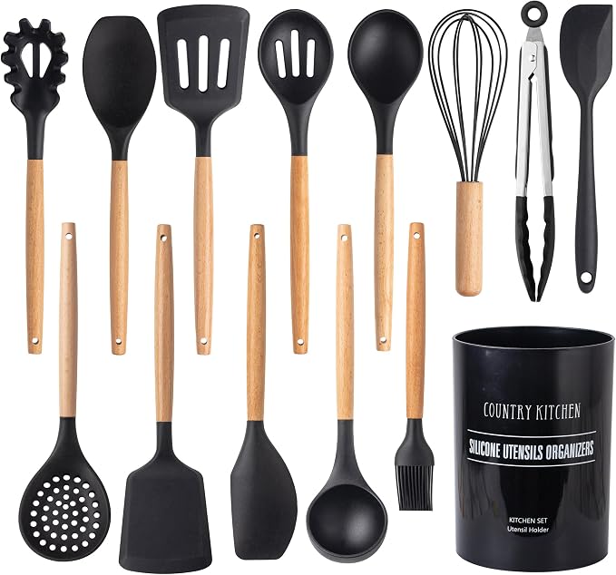 Country Kitchen Non Stick Silicone Utensil Set with Rounded Wood Handles for Cooking and Baking, 14 Piece Set, Black by CountryKitchen