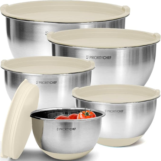Premium Mixing Bowls With Lids Set, Airtight Lids, Thicker Stainless Steel, Non-Slip Base, 5 Nesting Steel Bowls for Kitchen, Large Prep Metal Bowl Set 1.5/2/3/4/5 Qt, Khaki by PriorityChef