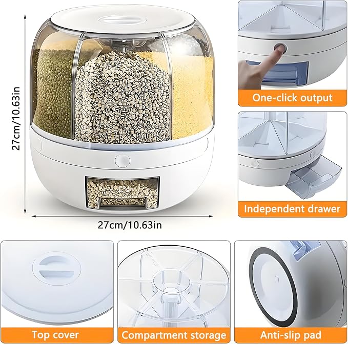 Rotating Grain Storage Bin 6 Grids Rice Container One-Click Output Large Capacity Food Dispenser For Rice Grains Sealed Moisture Proof Organizer (Grey) (Large) - Image 6