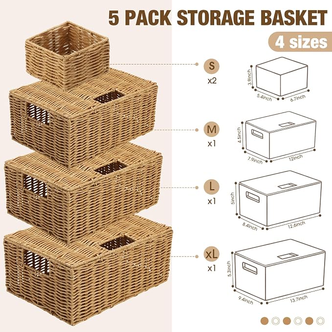 Yookeer 5 Pcs Woven Plastic Rattan Storage Baskets with Lid and Handles, Natural Color Large Storage Organizer with Labels, Stackable Rectangular Boho Decorative Baskets for Toys Shelves Bedroom - Image 2