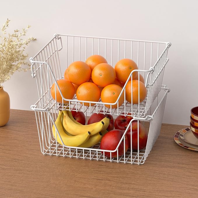Slideep 14'' Large Stackable Storage Baskets Cabinet Organizer Sturdy Metal Wire Pantry Freezer Bin for Pantry Home Bathroom Kitchen Organization White - 2 Pack - Image 5