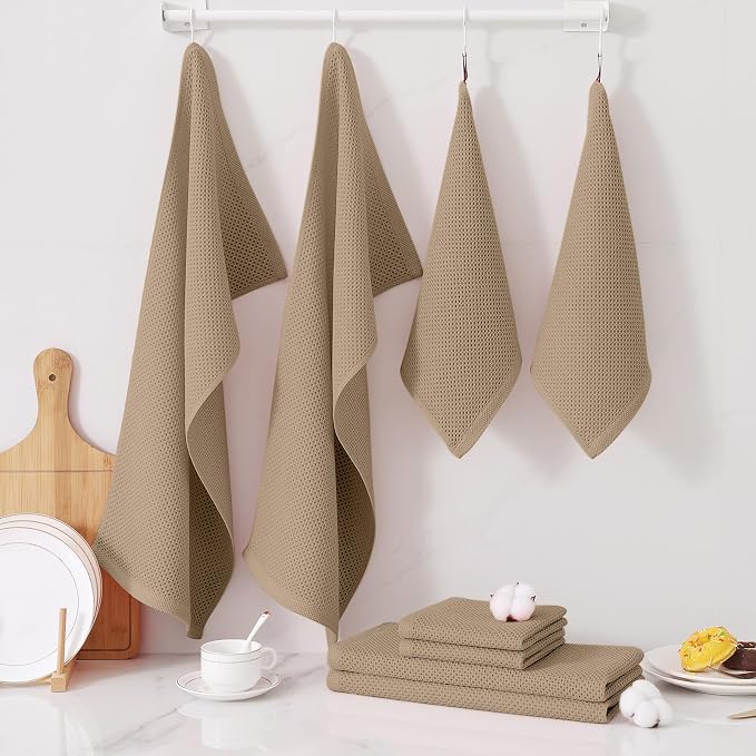 Homaxy 12 Pack 100% Cotton Kitchen Towels and Dishcloths Set, Tan | 12 x 12 Inches and 13 x 28 Inches Kitchen Towels Set, Ultra Soft Absorbent Dish Cloths for Washing Dishes - Image 7