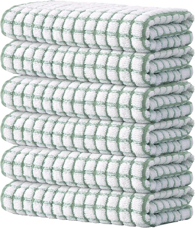 Kitinjoy Cotton 6 Pack Terry Kitchen Towels, Grass Green | 16 x 25 Inches Super Soft and Absorbent Dish Towels, Quick Drying hand towels for kitchen Drying by Kitinjoy