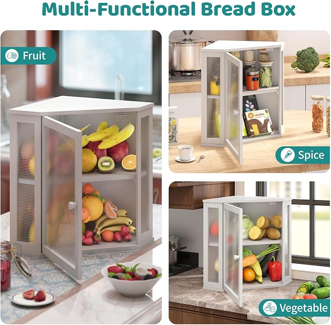White Corner Bread Box, Extra Large Bamboo Bread Box for Kitchen Countertop, 2 Tier Wooden Bread Storage, Solid Bamboo Wood - Image 6