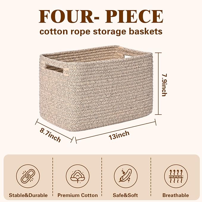 Storage Baskets for Organizing, 4 Pack Baskets for Shelves, Decorative Storage Bins for Shelves, Cotton Rope Storage Basket with Handles, Woven Basket for Storage, 13''Lx8.7''Wx7.9''H, Brown - Image 3