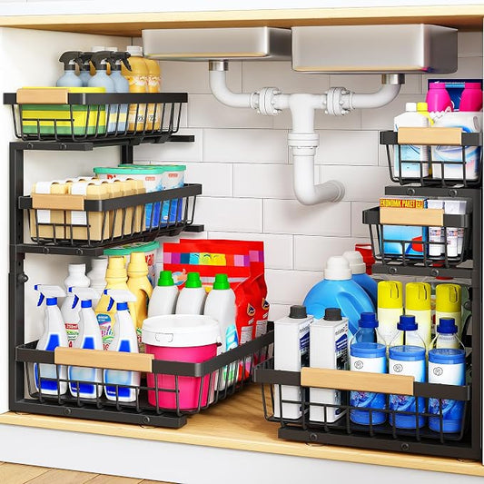PXRACK Under Sink Organizer, 3-Tier 2-Pack Adjustable Height Pull Out Under Cabinet Organizer, Slide Out Thickened Metal Under Sink Storage for Kitchen Bathroom Laundry Pantry Organization, Black by PXRACK