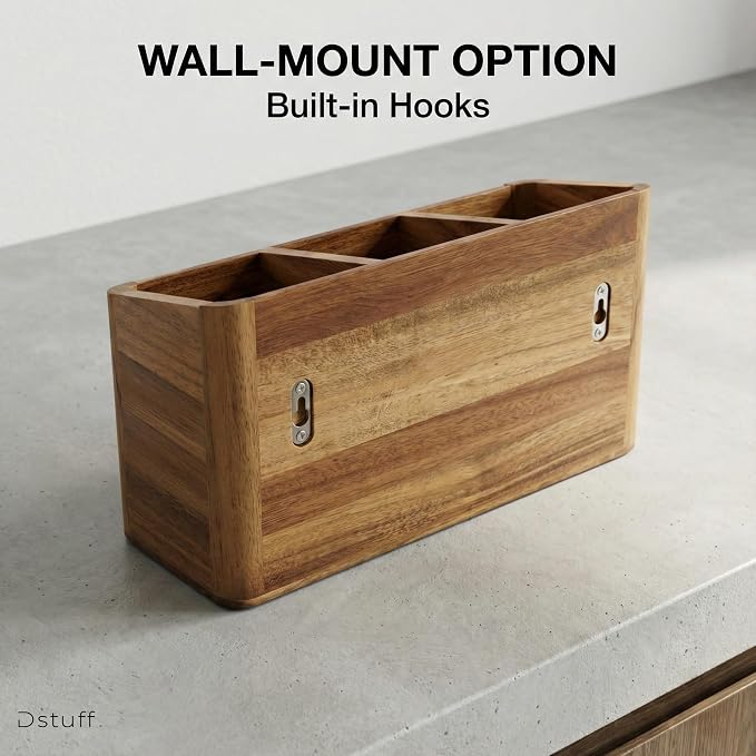 Dstuff Large Kitchen Utensil Holder Organizer for Counter or Countertop, Large Wooden Utensil Holder for Storage Cooking and Silverware with 3 Compartment, Acacia Rustic Wood Container Extra Large - Image 5