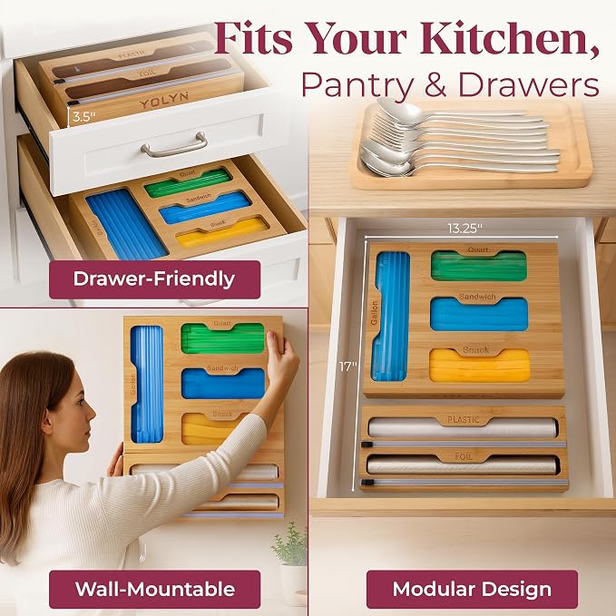 Bamboo Food Storage Bag Organizer for Drawer with Foil & Plastic Wrap Dispenser – Premium Detachable Kitchen Organizer for Gallon, Quart & Sandwich Bags - Image 2