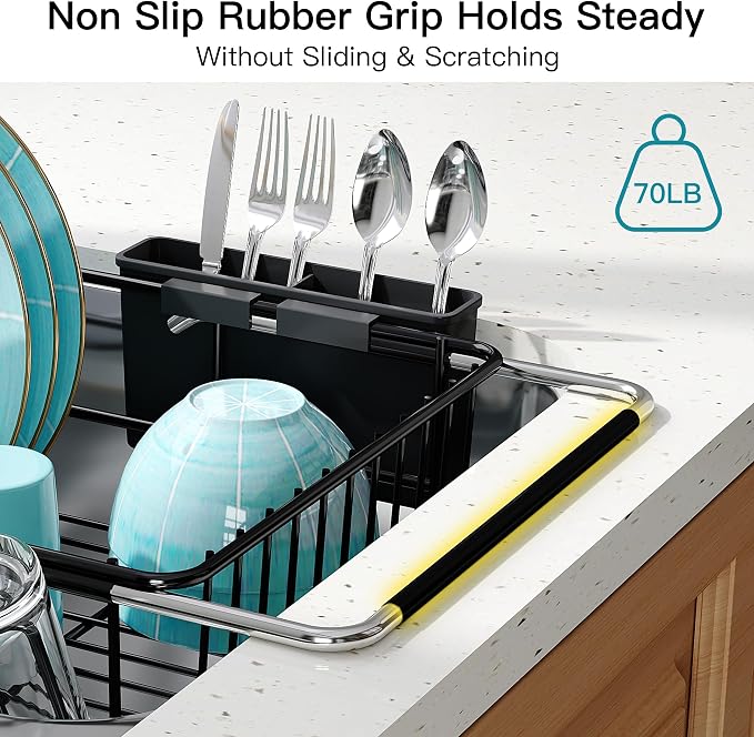 JASIWAY Black Dish Drying Rack in Sink, Dish Drainer with Utensil Holder | Over The Sink Expandable Stainless Steel Strainer Dryer Rack for Small Kitchen, Counter Space Saving, Fast Drain, Rustproof - Image 8