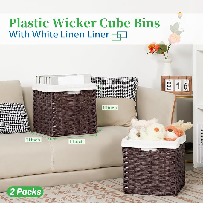 Bidtakay Wicker Storage Baskets with Liners 11x11 Storage Cube Bins for Organizing Imitation Rattan Woven Baskets 2-Pack Woven Storage Baskets with Handles for Pantry-Reddish Brown - Image 2