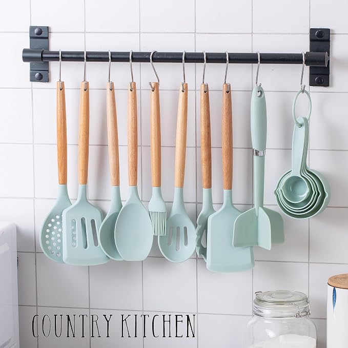 Country Kitchen Non Stick Silicone Utensil Set with Rounded Wood Handles for Cooking and Baking, 38 Piece Set, Mint - Image 7
