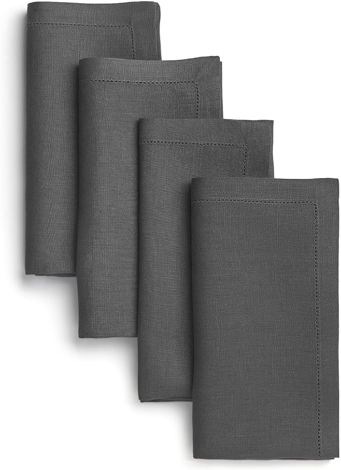 Signature Linen™ by D'Moksha Charcoal Gray Dinner Napkins Set of 4, 20 x 20 Inch Cloth Napkins, 100% Pure Linen, Hemstitch, Machine Washable Table Napkins- Summer, Weddings, Outdoor hostings by DMokshaHomes