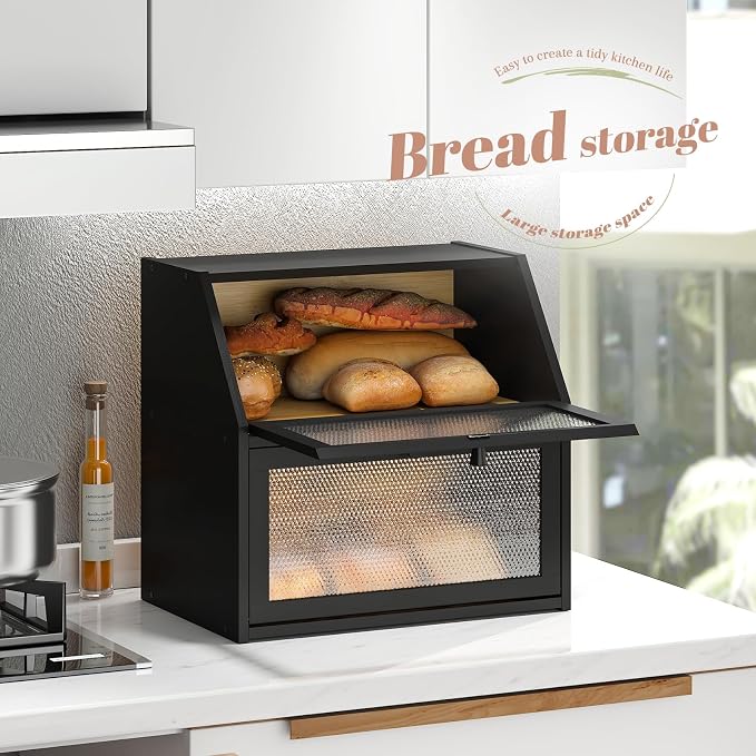 STDDRE Bread Box for Kitchen Countertop Bin Double Layer Bread Box Storage Container Extra Large Capacity with Diamond Pattern Windows (Black, Extra Large) - Image 5