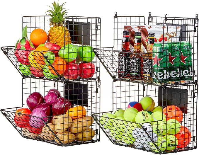 X-cosrack Metal Wire Basket Wall Mount, 4 Tier Extra Large Wall Storage Basket Organizer with Chalkboards, Kitchen Fruits and Vegetables Produce Bin Rack Toys Organizer Bathroom Tower Baskets (Black) - Image 9