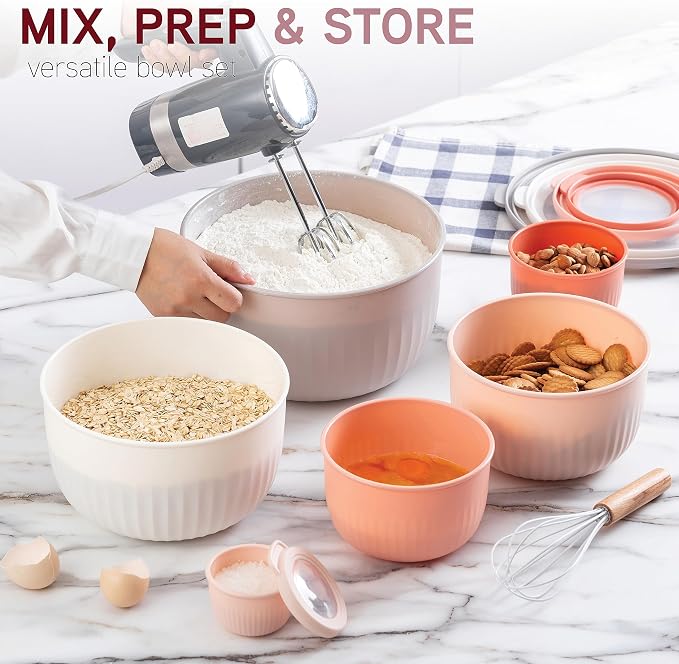 COOK WITH COLOR Prep Bowls with Lids- Wide and Deep Nesting Plastic Small Mixing Bowl Set with Lids, 12 Piece Set - Deep Bowls, Grey/Pink - Image 2
