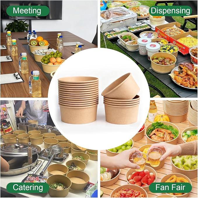 25oz Disposable Kraft Paper Round Bowls [No Lid] 88PK, Microwave Deli Containers, Salad Dressing Container for Lunch, Sturdy for Soup Toppings Snack Camping Family - Image 5