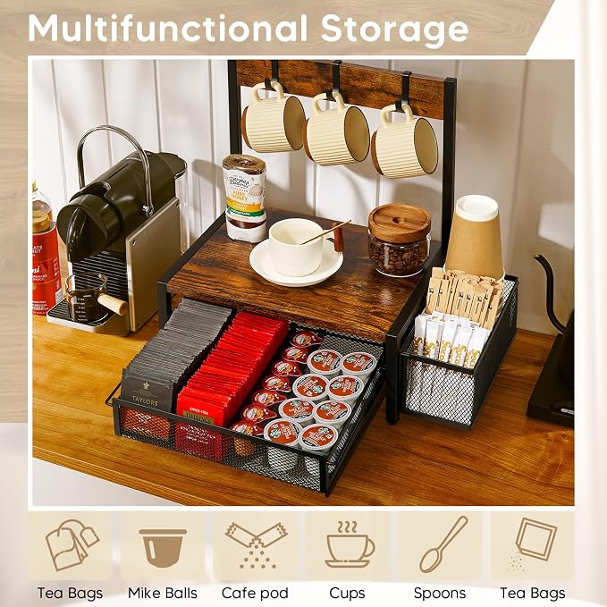 DGWJSU Tea Bag Organizer, Wood Tea Organizer and Storage Cheast, Tea Bag Holder with Storage Drawer, 4 Hooks for Tea Cups Holder, Tea Station Chest Display Container Box for Countertop Kitchen - Image 4